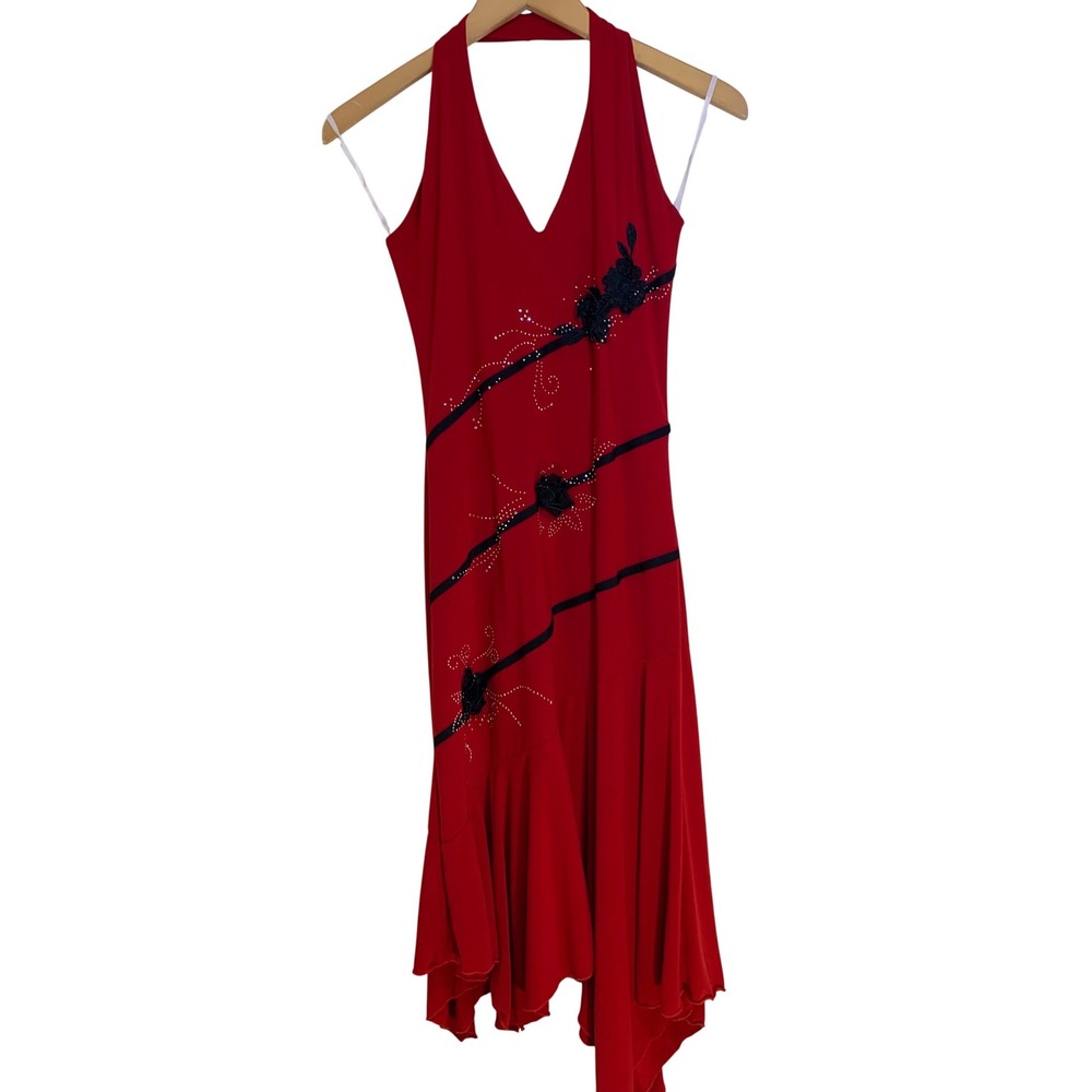 Vtg Y2K beaded sequence asymmetrical Halter Dress L Prom Rhinestone Womens‎ Midi
